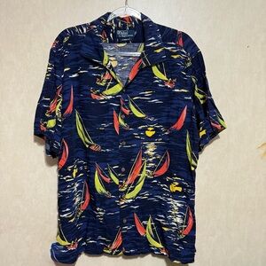 Polo Ralph Lauren Blue Viscose Aloha Sailing Surf Beach Button Up Shirt